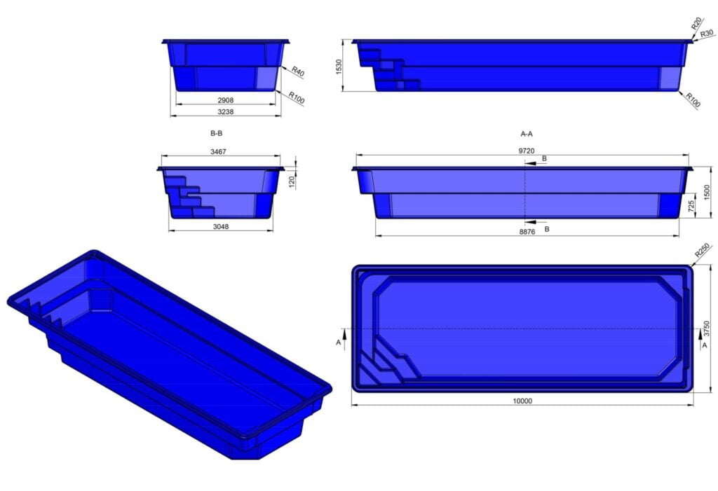 Glasfiberpool BORA-BORA 10,00m x 3,75m x 1,50m