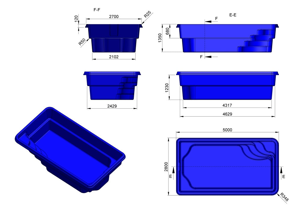 Glasfiberpool BARBADOS 5,00m x 2,80m x 1,35m