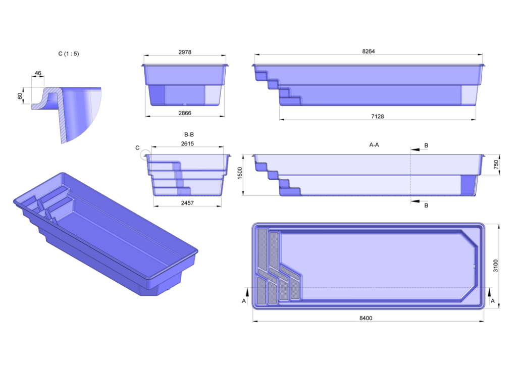 Glasfiberpool FIJI 8,40m x 3,10m x 1,50m