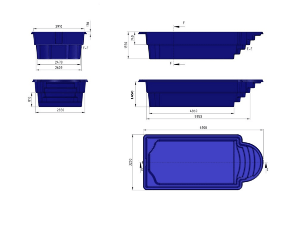 Glasfiberpool KALAMOS 6,90m x 3,20m x 1,55m