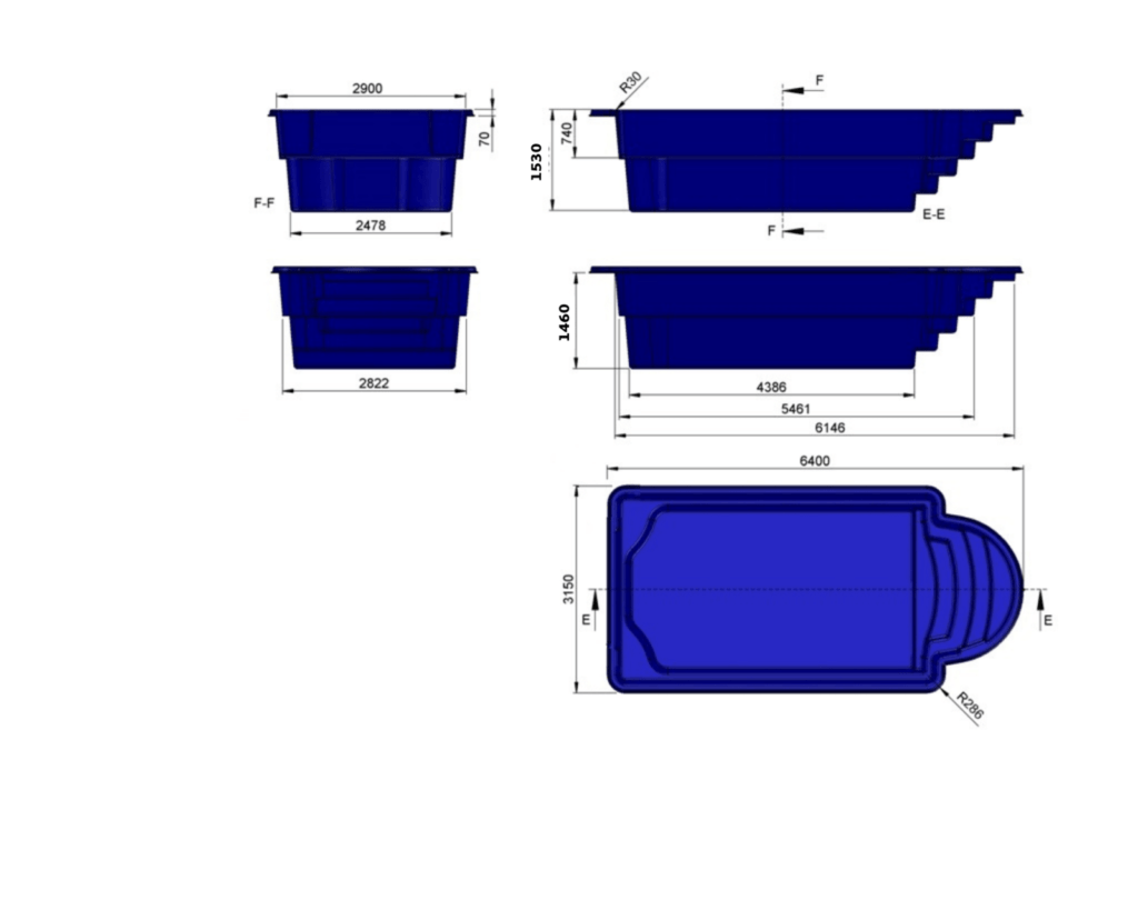 Glasfiberpool KAPRI 6,40m x 3,15m x 1,50m