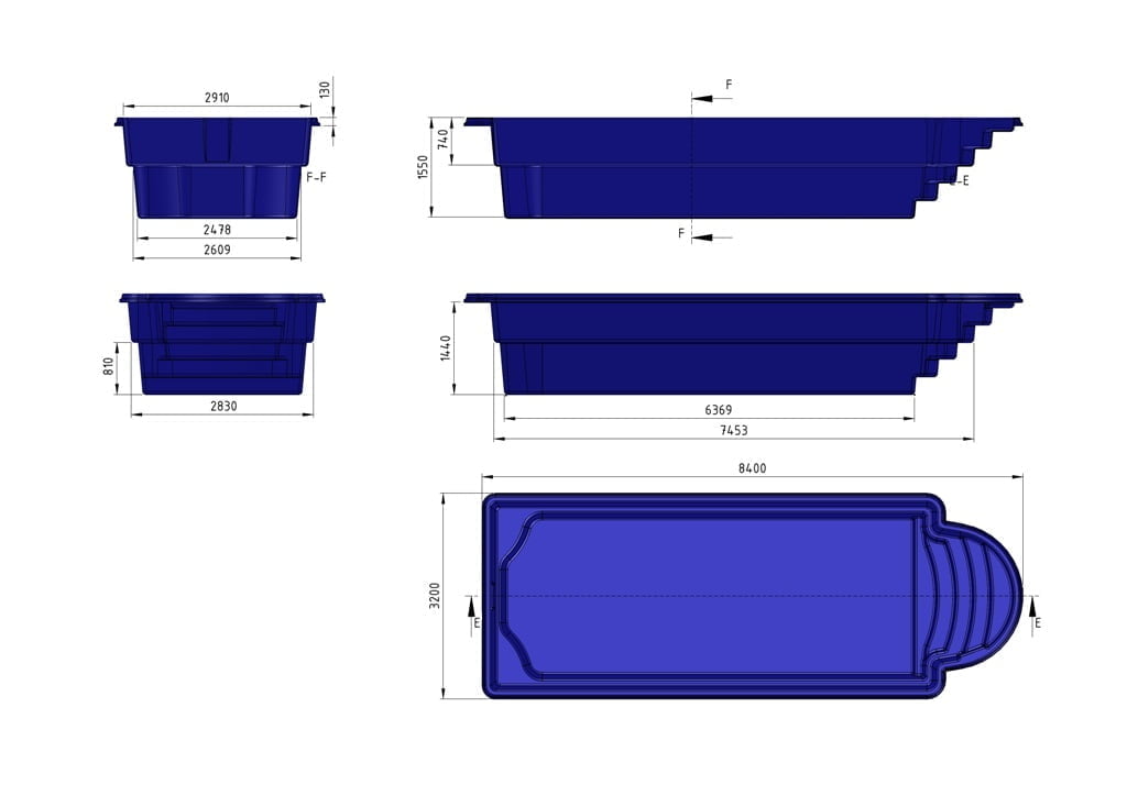 Glasfiberpool KOS 8,40m x 3,20m x 1,55m