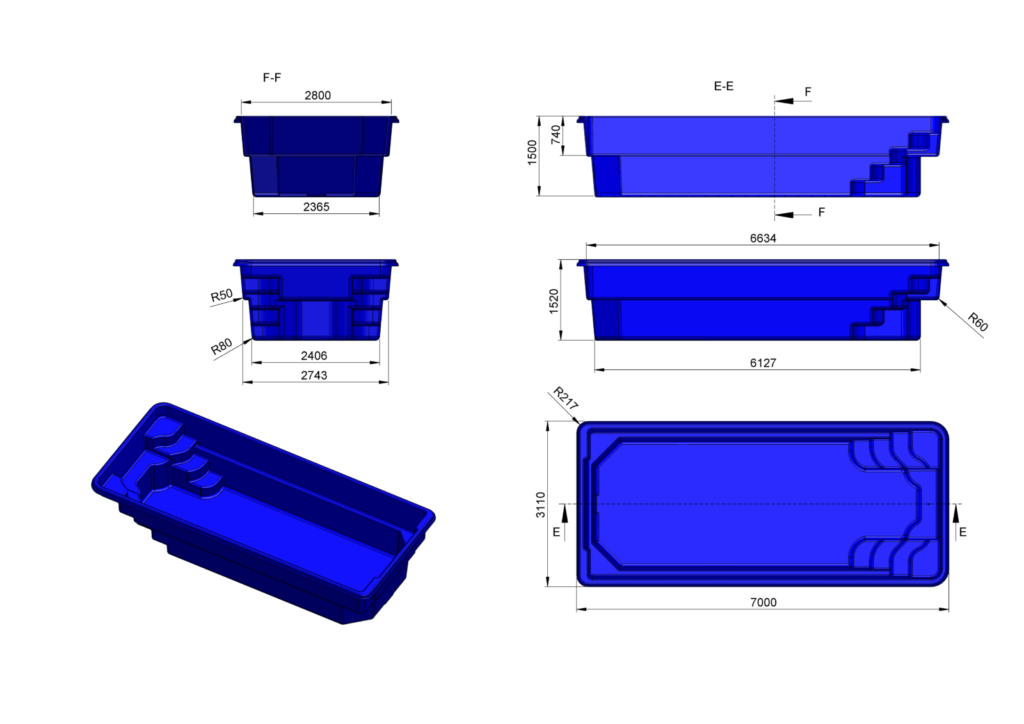 Glasfiberpool KRETA 7,00m x 3,10m x 1,50m