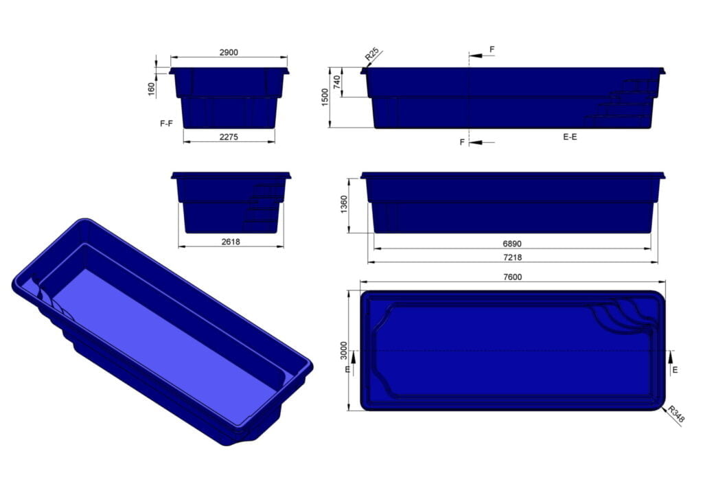 Glasfiberpool MALTA 7,60m x 3,00m x 1,50m