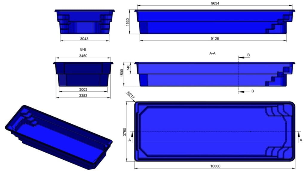 Glasfiberpool JAWA 10,00m x 3,75m x 1,50m