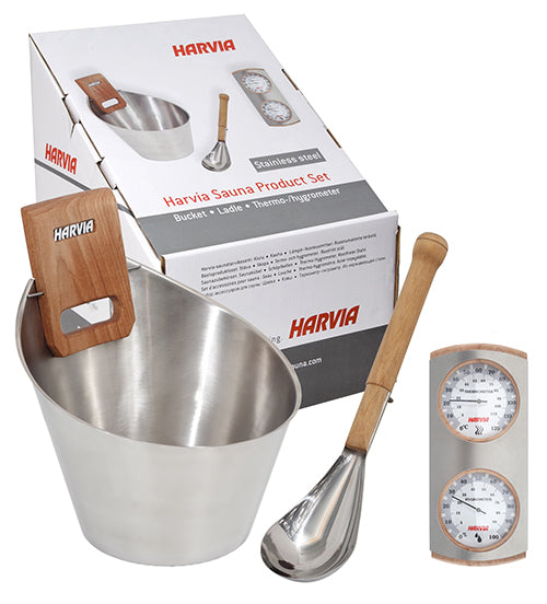 Harvia Bastutillbehör Kit – Hink, Slev, Hygrometer & Termometer (Inox)