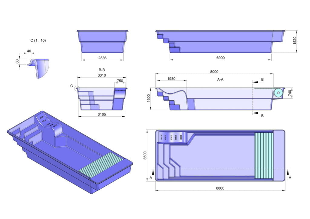 Glasfiberpool SWIM COMFORT 8,80m x 3,50m x 1,50m