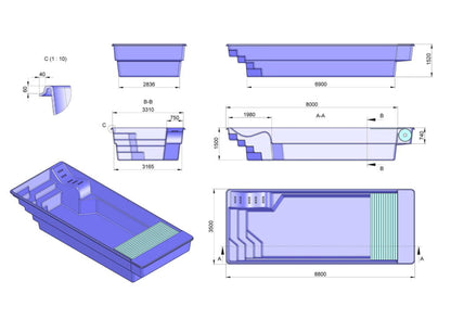 Glasfiberpool SWIM COMFORT 8,80m x 3,50m x 1,50m