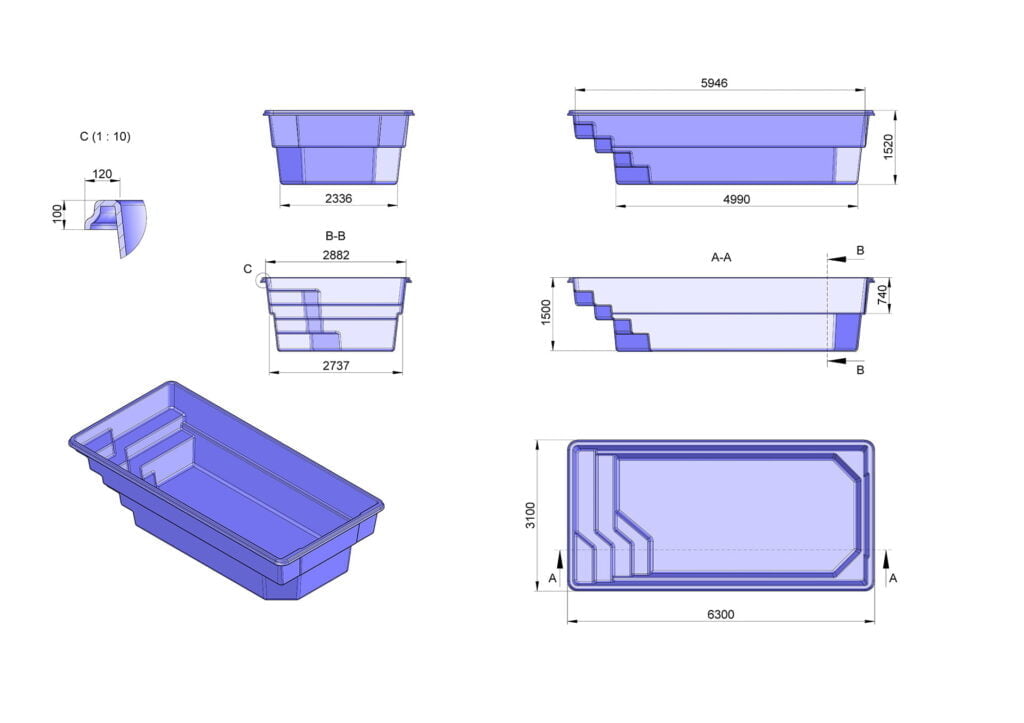 Glasfiberpool TINOS 6,30m x 3,10m x 1,50m