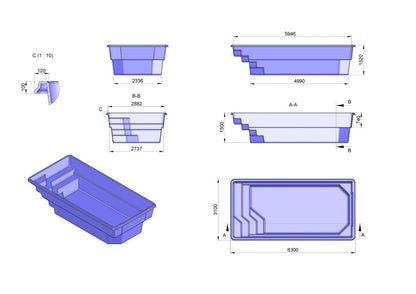 Glasfiberpool TINOS 6,30m x 3,10m x 1,50m