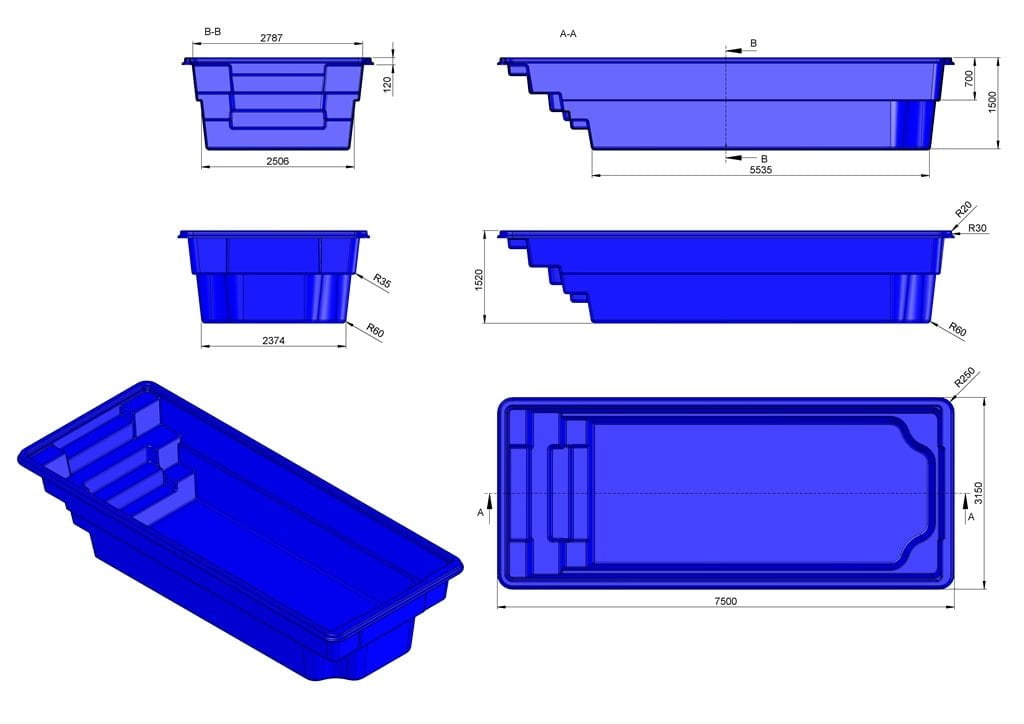 Glasfiberpool RIVIERA 7,50m x 3,15m x 1,50m