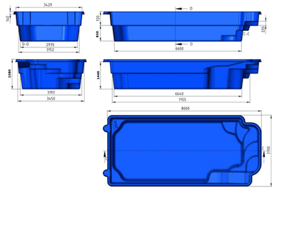 Glasfiberpool RODOS 8,00m x 3,70m x 1,55m