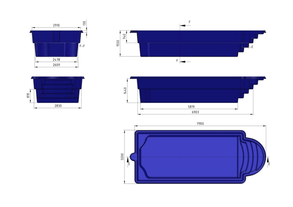 Glasfiberpool SANTORYNA 7,90m x 3,20m x 1,55m