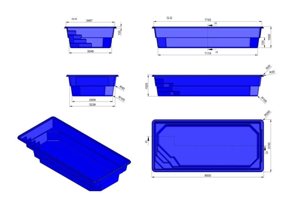 Glasfiberpool SYCYLIA 8,00m x 3,75m x 1,50m